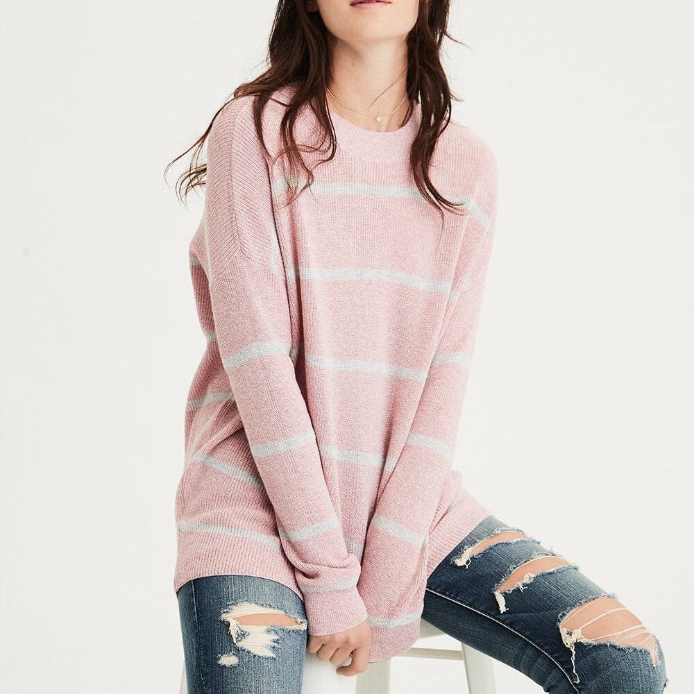 American Eagle Striped Jegging Fit Long Sleeve Hi-Low Sweater Pink XS Cozycore
